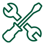 Icon: ein Schraubenschlüssel und ein Schraubenzieher in dunkel-grün und gekreuzt.