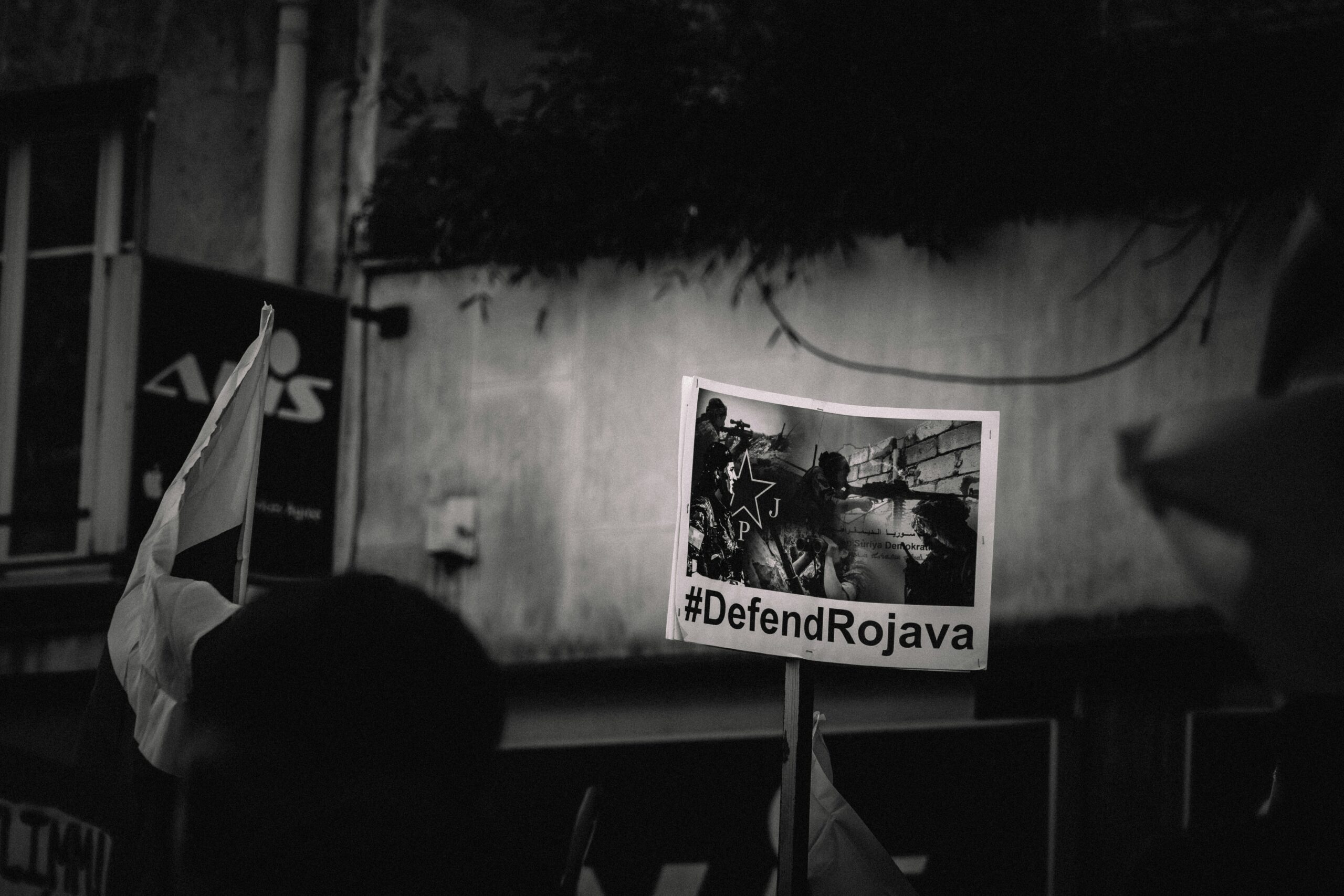 Schild auf Demo mit der Aufschrift "#Defend Rojava"